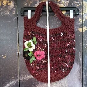 Handcrafted Burgundy Knit Tote Bag with Floral Accents